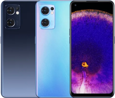 Oppo Find X5 Lite in Starry Black and Startrails Blue, back view, plus front display
