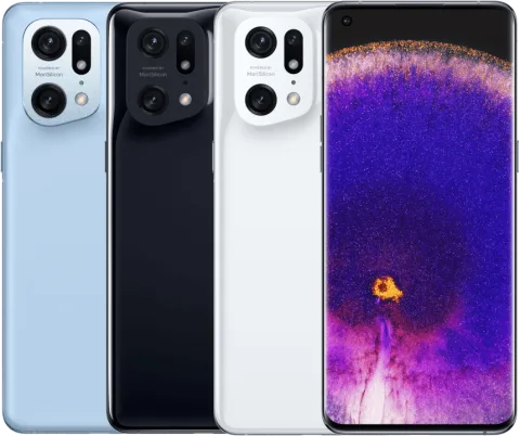 Oppo Find X5 Pro in Blue, Black and Ceramic White, back view, plus front display