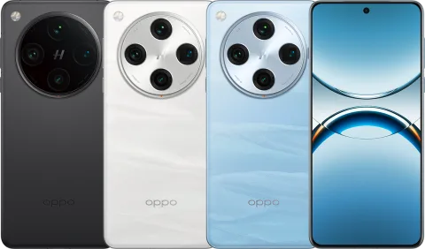 Oppo Find X8 Pro in Space Black, White and Blue, back view, plus front display