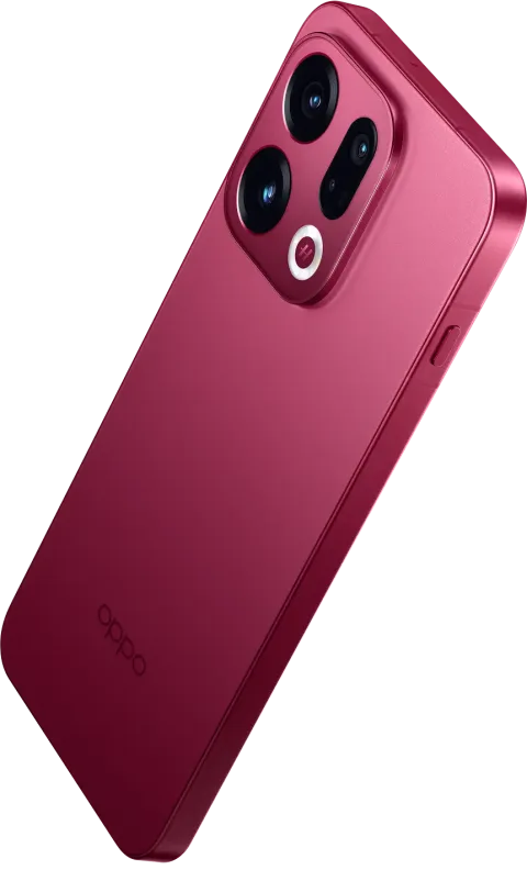 OPPO Find X9 in Velvet Red, angled rear view