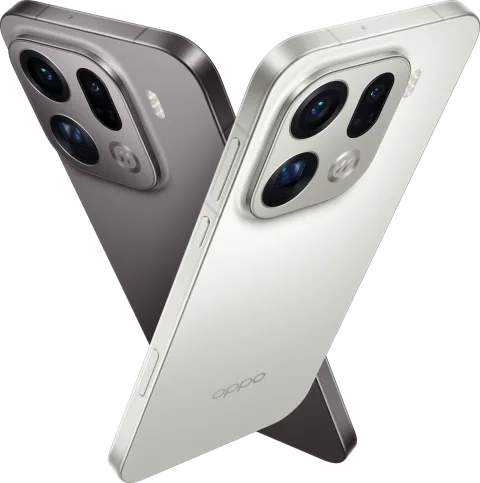 OPPO Find X9 Pro Titanium Charcoal and Silk White crossed showing Hasselblad camera module