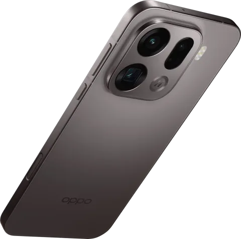 OPPO Find X9 Pro in Titanium Charcoal, angled rear view