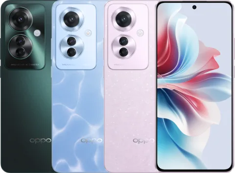 Oppo Reno11 F in Palm Green, Ocean Blue and Purple, back and front view