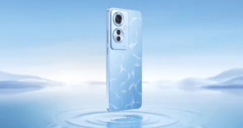 Oppo Reno11 F in Ocean Blue, angled view