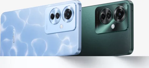 Oppo Reno11 F in Ocean Blue and Palm Green, back angled view