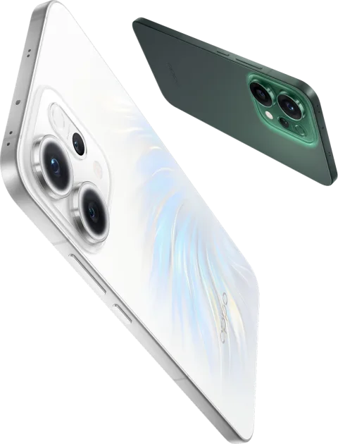 Oppo Reno14 in Opal White and Luminous Green, angled back view