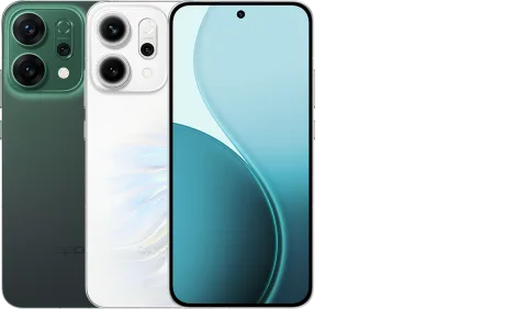 Oppo Reno14 front display and back panel in Luminous Green and Opal White