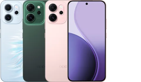 Oppo Reno14 F in Light Blue, Dark Green and Pink, front and back view