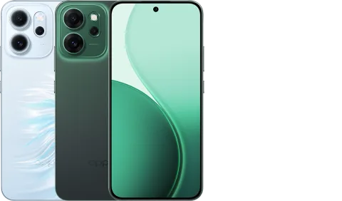 Oppo Reno14 F in Light Blue and Dark Green, back view