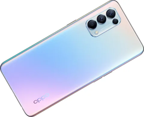 Oppo Reno5 5G in Galactic Silver, back angled view with camera detail