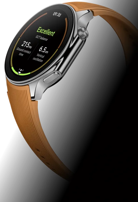 Oppo Watch X in Cognac Brown, angled close-up with watch face