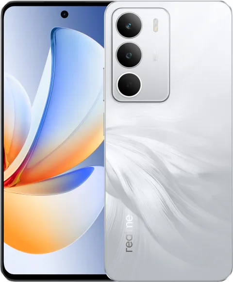 Realme C71 in White Swan, front and back view