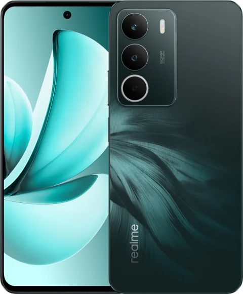 Realme C71 in Forest Owl, front and back view