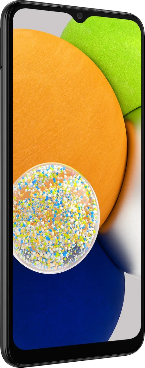 Samsung Galaxy A03 in Black, front angled view
