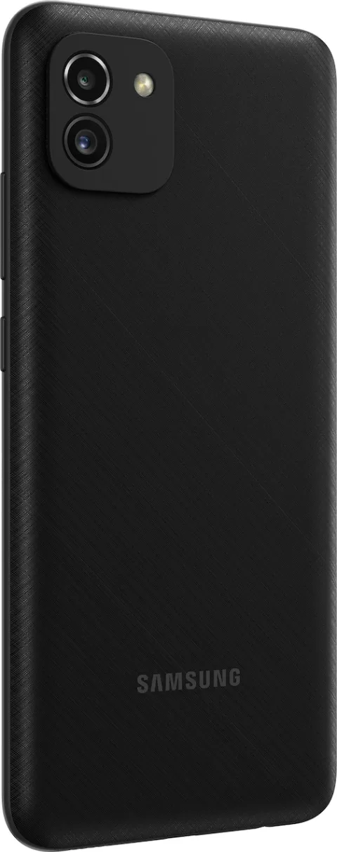Samsung Galaxy A03 in Black, rear angled view