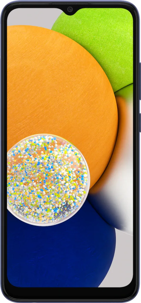 Samsung Galaxy A03 in Blue, front and back