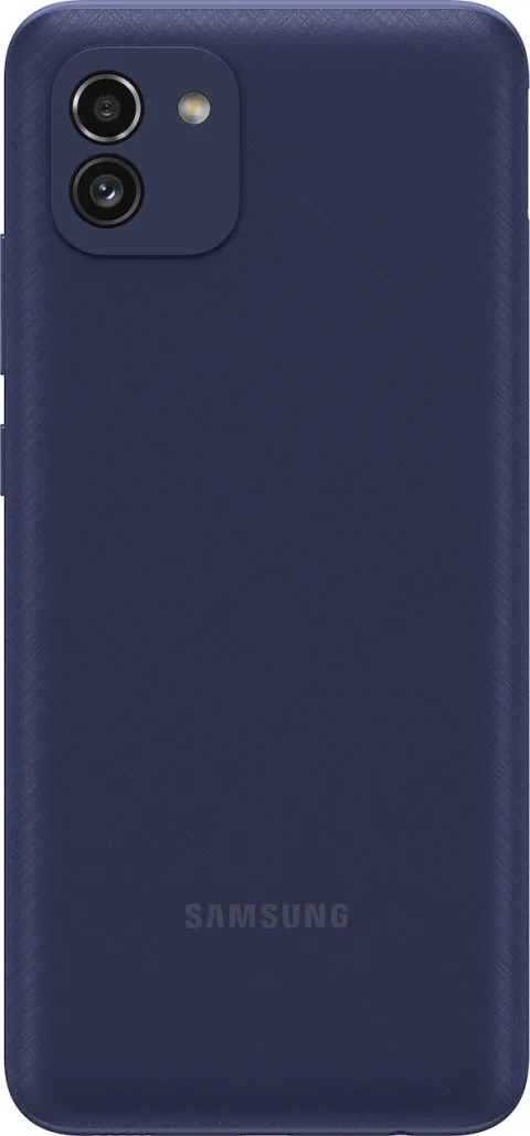 Samsung Galaxy A03 in Blue, rear camera view