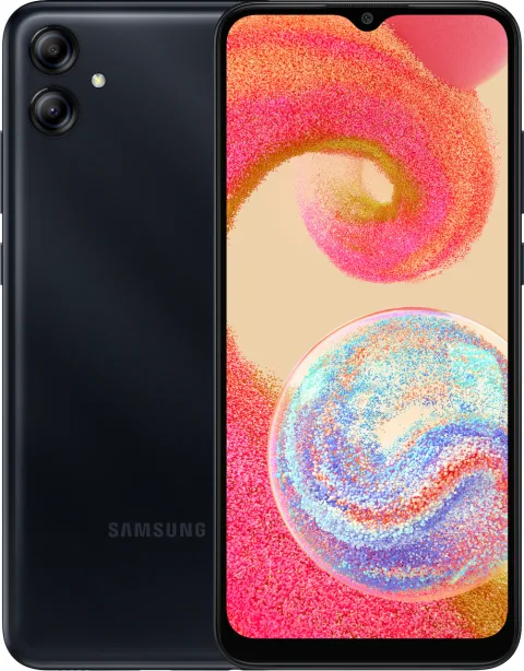 Samsung Galaxy A04e in Black, front and back view