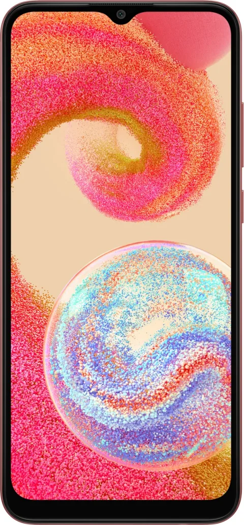 Samsung Galaxy A04e in Copper, front and back view
