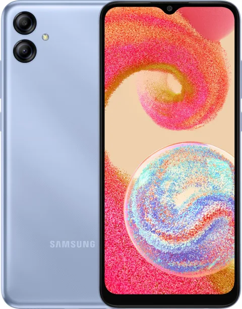 Samsung Galaxy A04e in Light Blue, front and back view