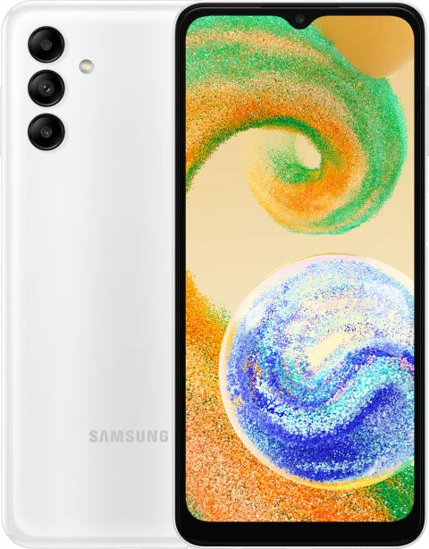 Samsung Galaxy A04s in Awesome White, front and back view