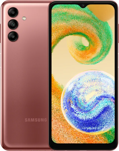 Samsung Galaxy A04s in Orange Copper, front and back view