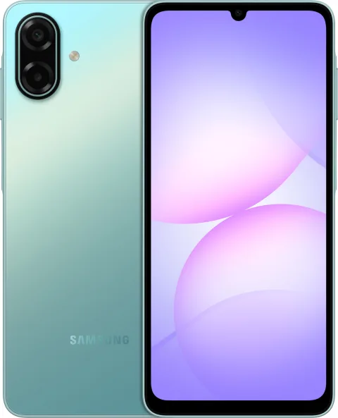 Samsung Galaxy A07 5G in Light Green, front and back