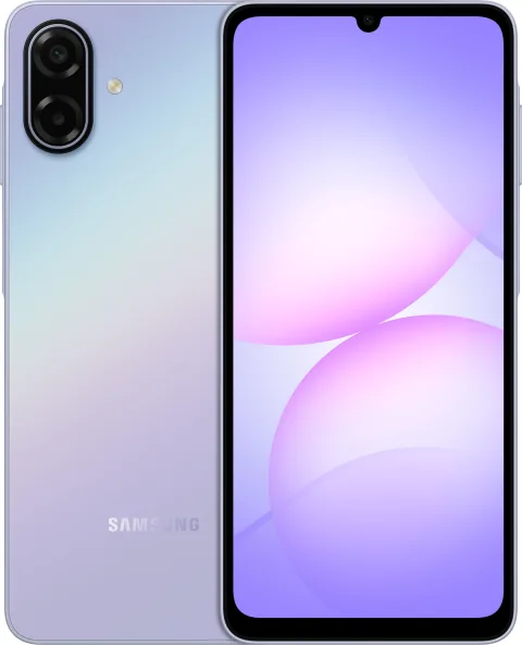 Samsung Galaxy A07 5G in Light Violet, front and back