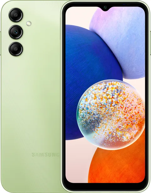 Samsung Galaxy A14 5G in Light Green, front and back view