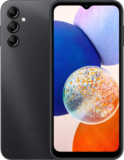 Samsung Galaxy A14 5G in Black, front and back view