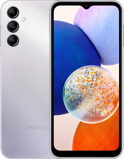 Samsung Galaxy A14 5G in Silver, front and back view