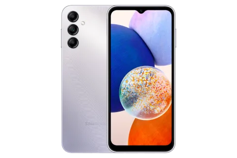 Samsung Galaxy A14 5G in Silver, front and back view