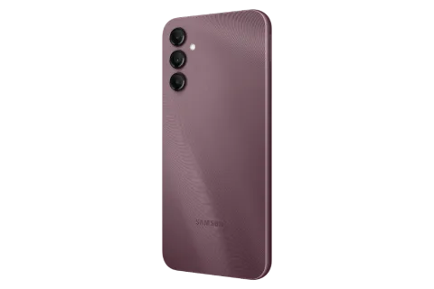 Samsung Galaxy A14 5G in Dark Red, rear angled view