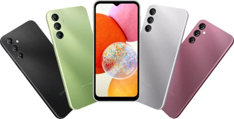 Samsung Galaxy A14 colour range in Black, Light Green, White, Silver and Dark Red