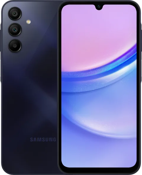 Samsung Galaxy A15 in Blue Black, front and back