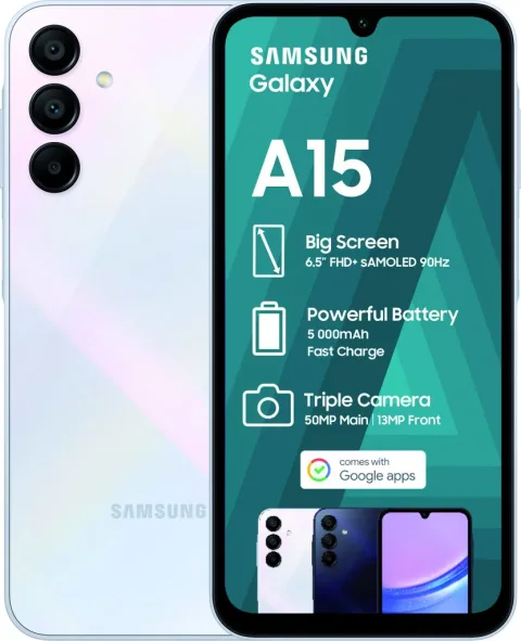 Samsung Galaxy A15 in Light Blue, front and back retail asset
