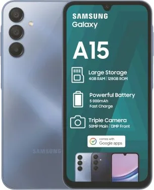 Samsung Galaxy A15 in Blue, front and back retail asset