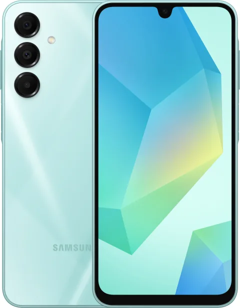Samsung Galaxy A16 5G in Light Green, front and back