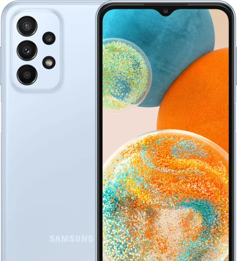 Samsung Galaxy A23 5G in Light Blue, front and back