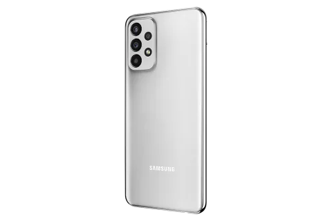 Samsung Galaxy A23 5G in Silver, three-quarter back angle