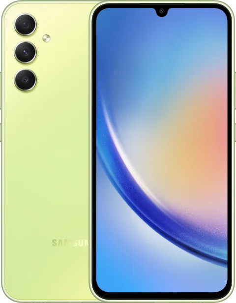Samsung Galaxy A34 5G in Awesome Lime, front and back view