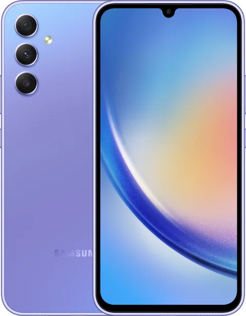 Samsung Galaxy A34 5G in Awesome Violet, front and back view