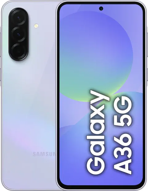 Samsung Galaxy A36 5G in Awesome Lavender, front and back