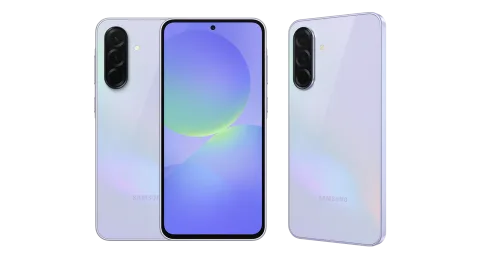Samsung Galaxy A36 5G in Awesome Lavender, front, back and side