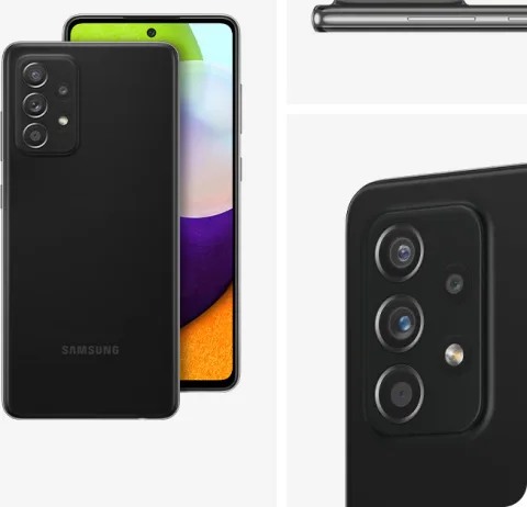 Samsung Galaxy A52 in Awesome Black, back and front detail view