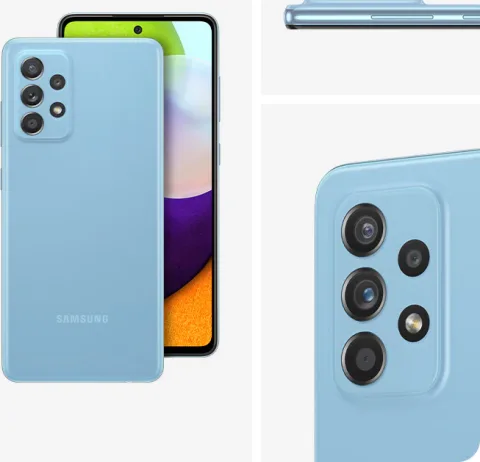 Samsung Galaxy A52 in Awesome Blue, back and front detail view