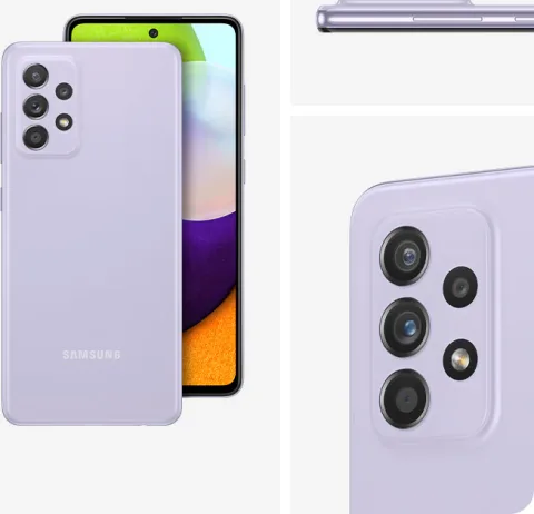 Samsung Galaxy A52 in Awesome Violet, back and front detail view