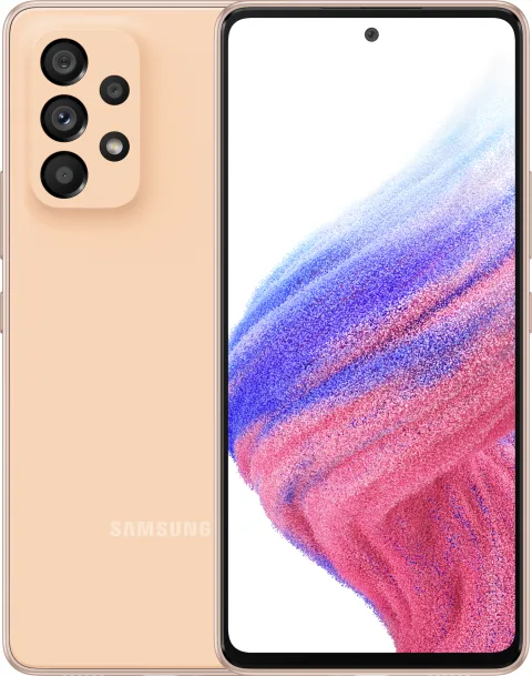 Samsung Galaxy A53 5G in Awesome Peach, front and back view