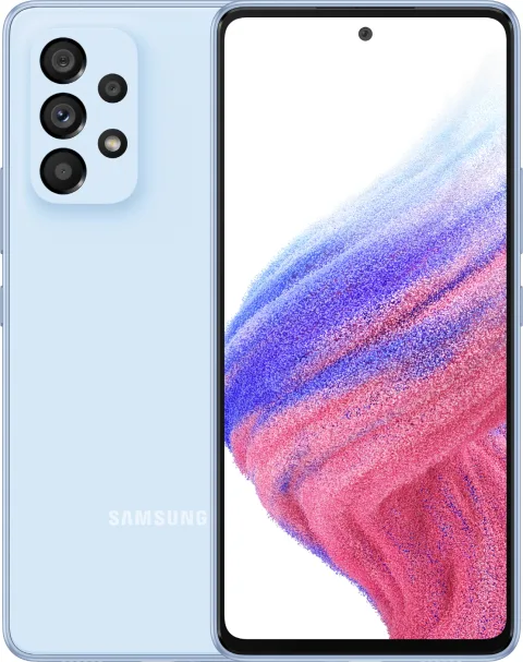 Samsung Galaxy A53 5G in Awesome Blue, front and back view