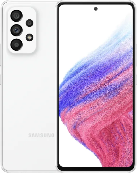Samsung Galaxy A53 5G in Awesome White, front and back view